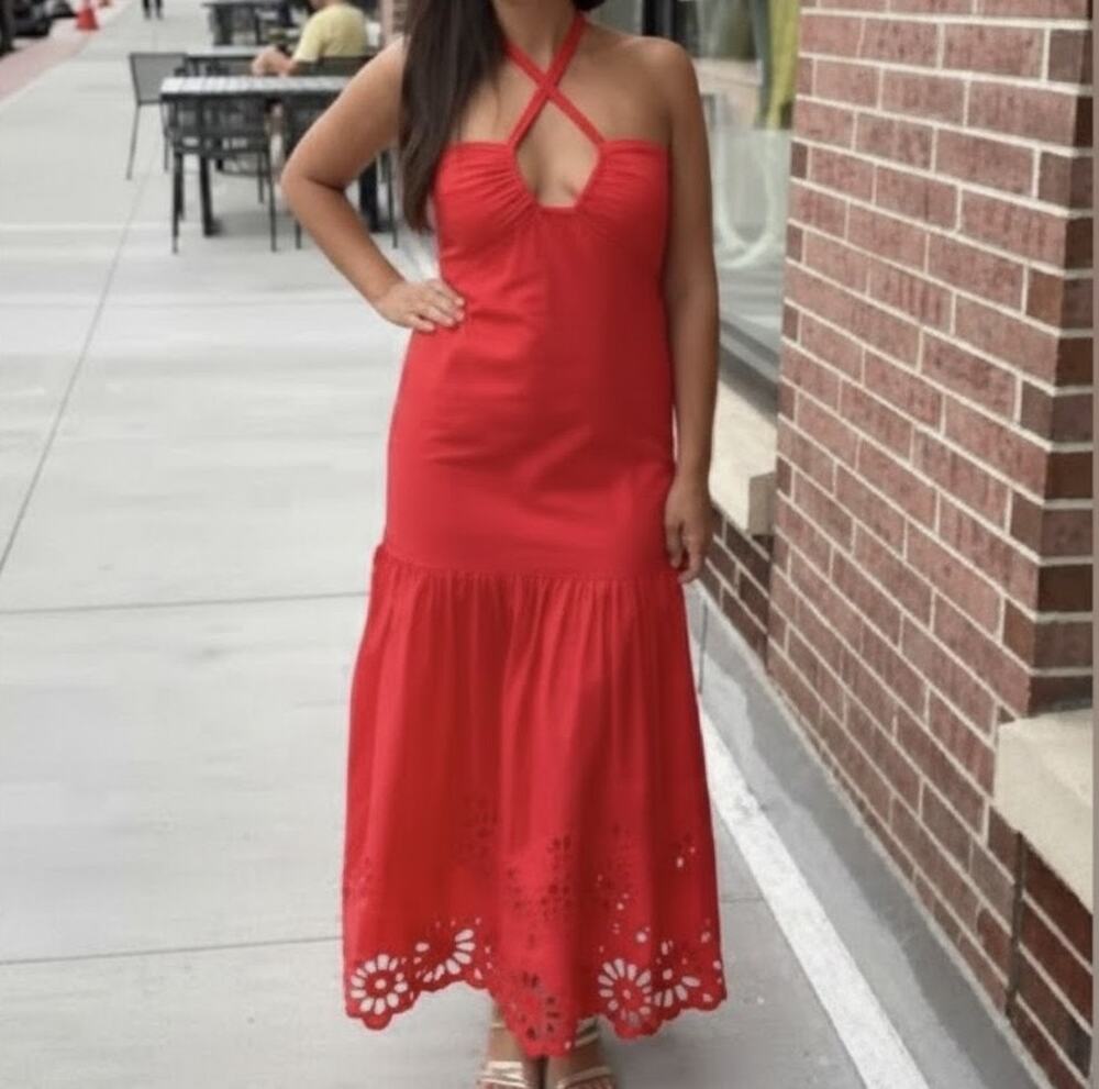 Jason Wu Red Embroidered Tent Scallop Cotton Halter Sundress
